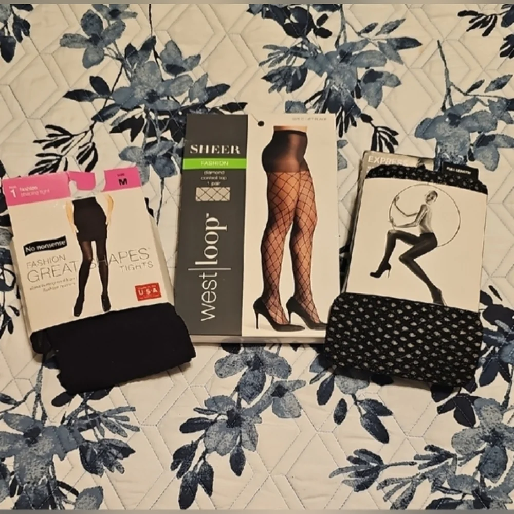 3 Pair Women's Tights Bundle Size M Black Sheer Fishnet Patterned Hosiery NWT